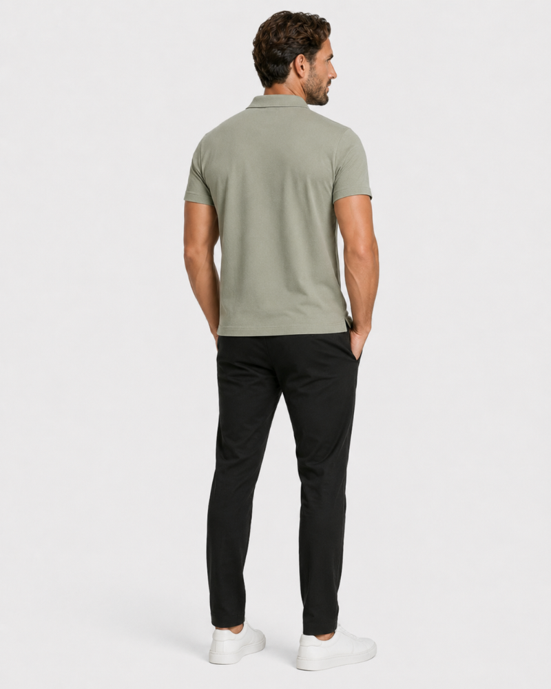 By Alden sage green knit polo shirt on male model, back view, full body, light gray background. #color_olive green
