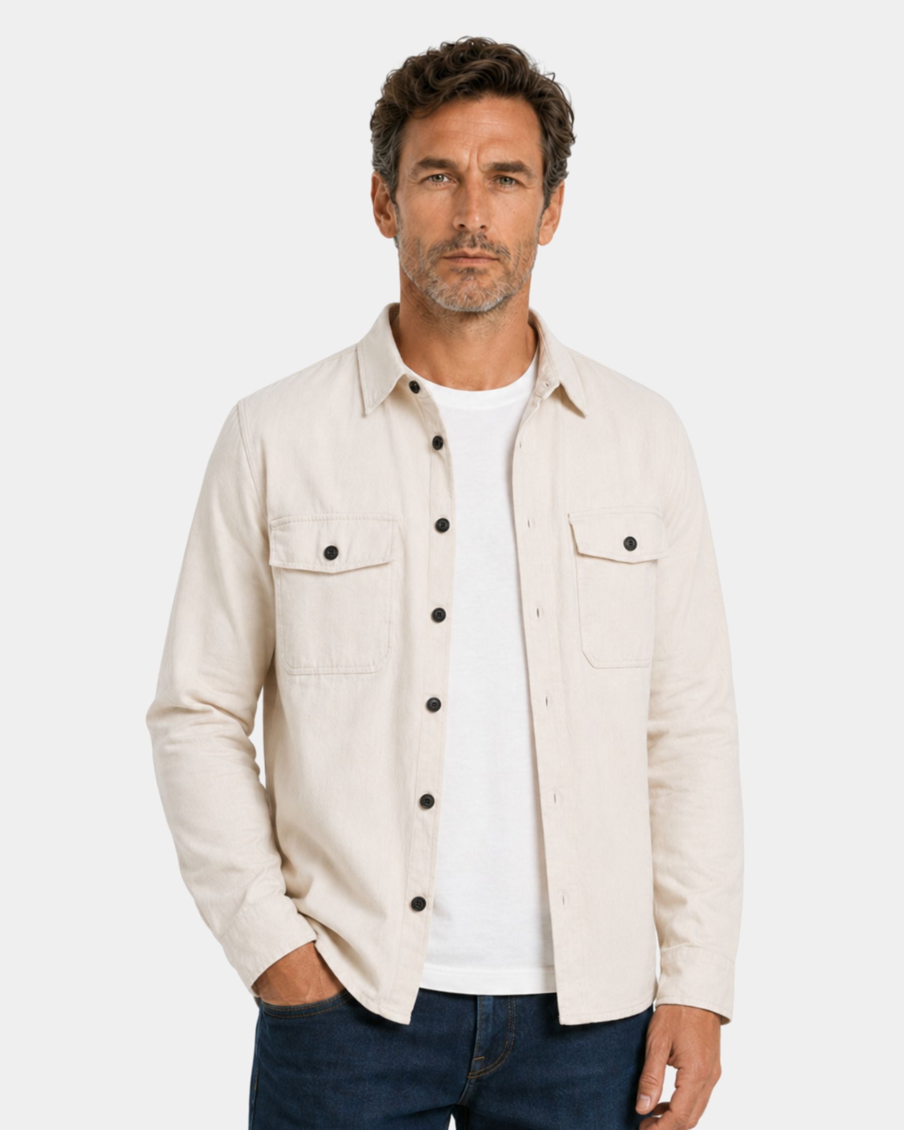 By Alden stone overshirt on male model, three-quarter view upper body, light gray background #color_stone
