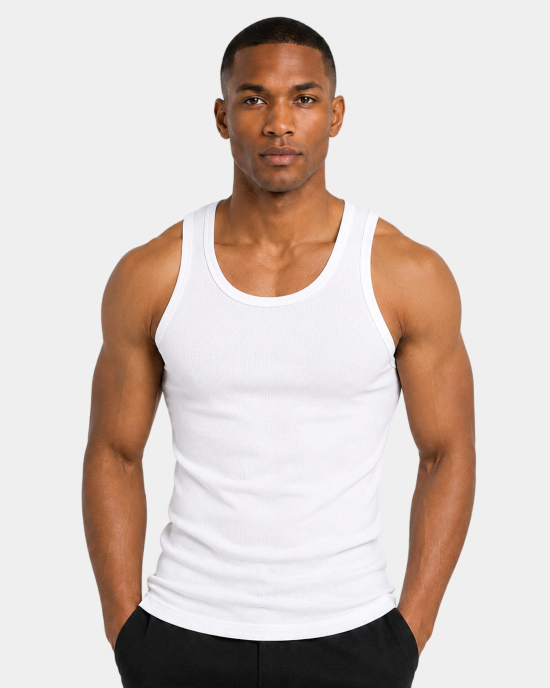 By Alden white ribbed tank top on male model, front view upper body, light gray background #Color_white