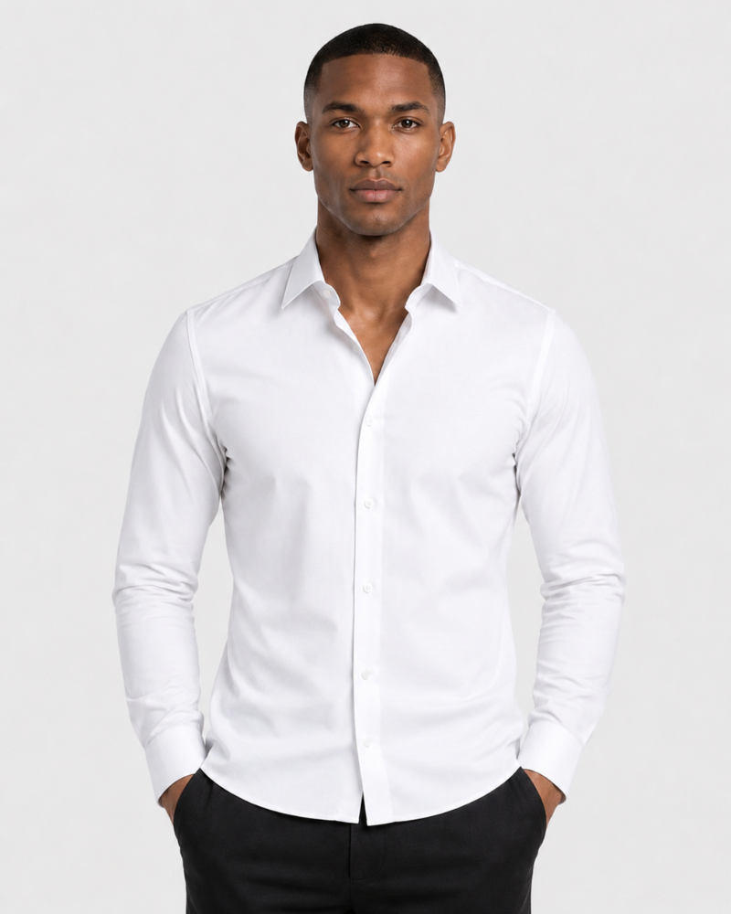 By Alden white slim-fit dress shirt on male model, front view, upper body, light gray background. #color_white