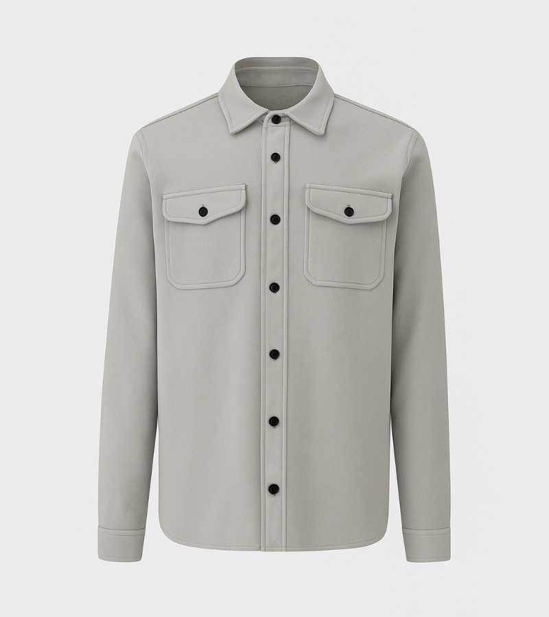 Classic grey overshirt with black buttons and two front flap pockets on white background