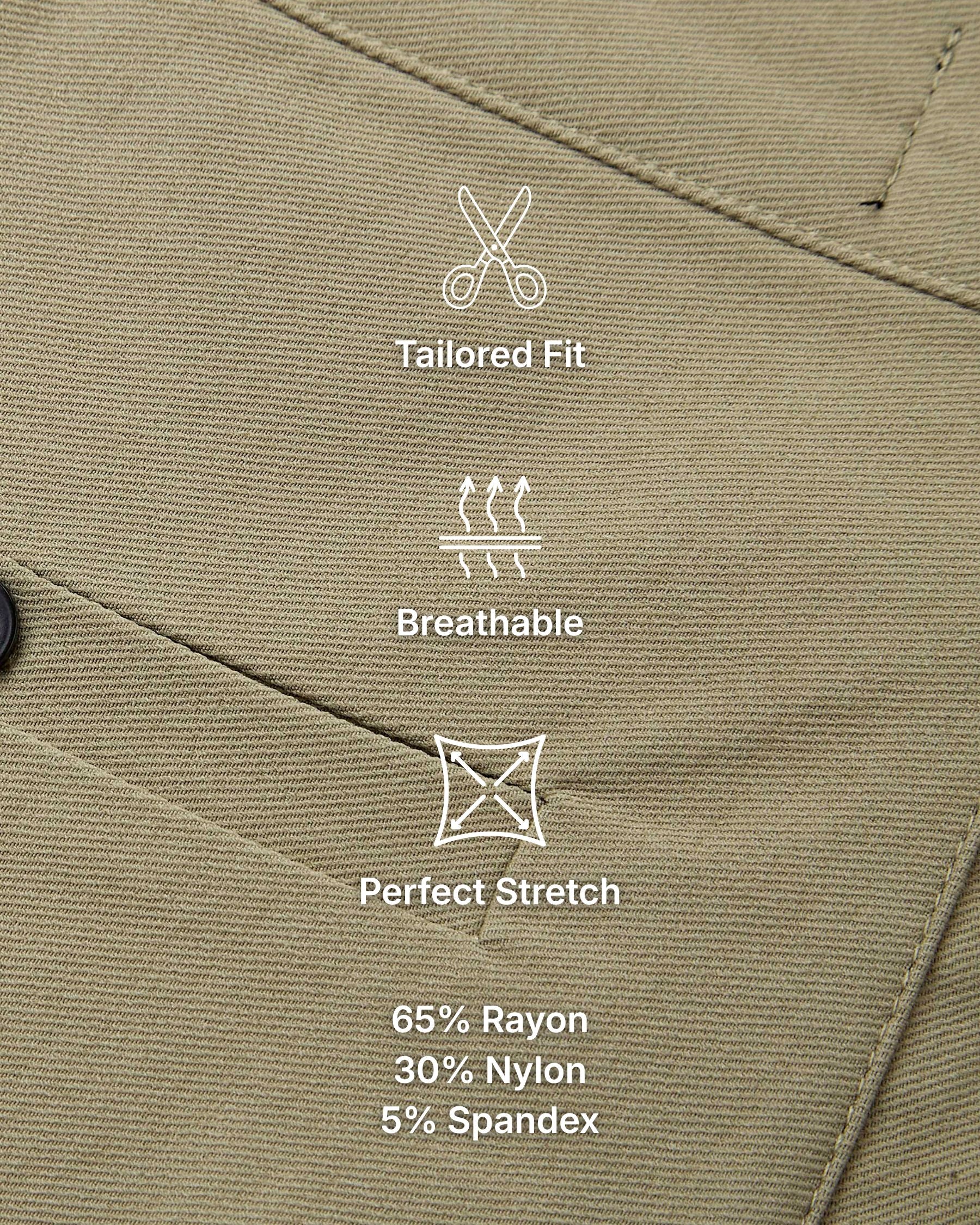 Close-up of khaki fabric with white line icons and text highlighting features: tailored fit, breathable, perfect stretch, and material composition 65% Rayon, 30% Nylon, 5% Spandex.