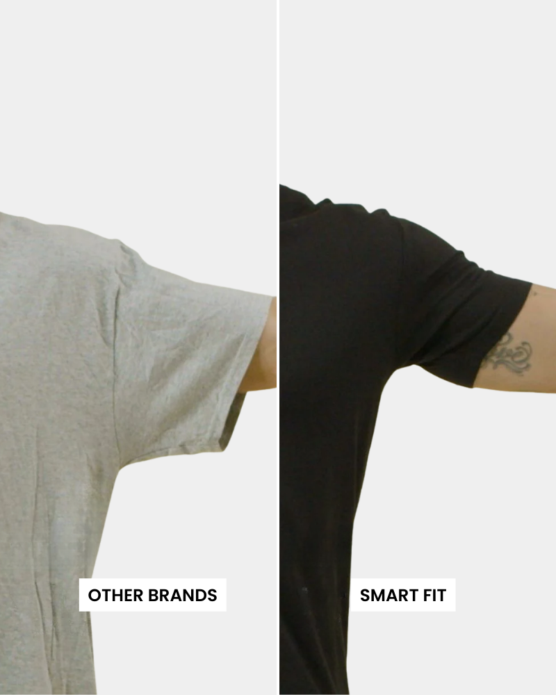 Comparison of arm wearing a gray shirt labeled 'Other Brands' versus a By Alden black shirt labeled 'Smart Fit' on a white background.