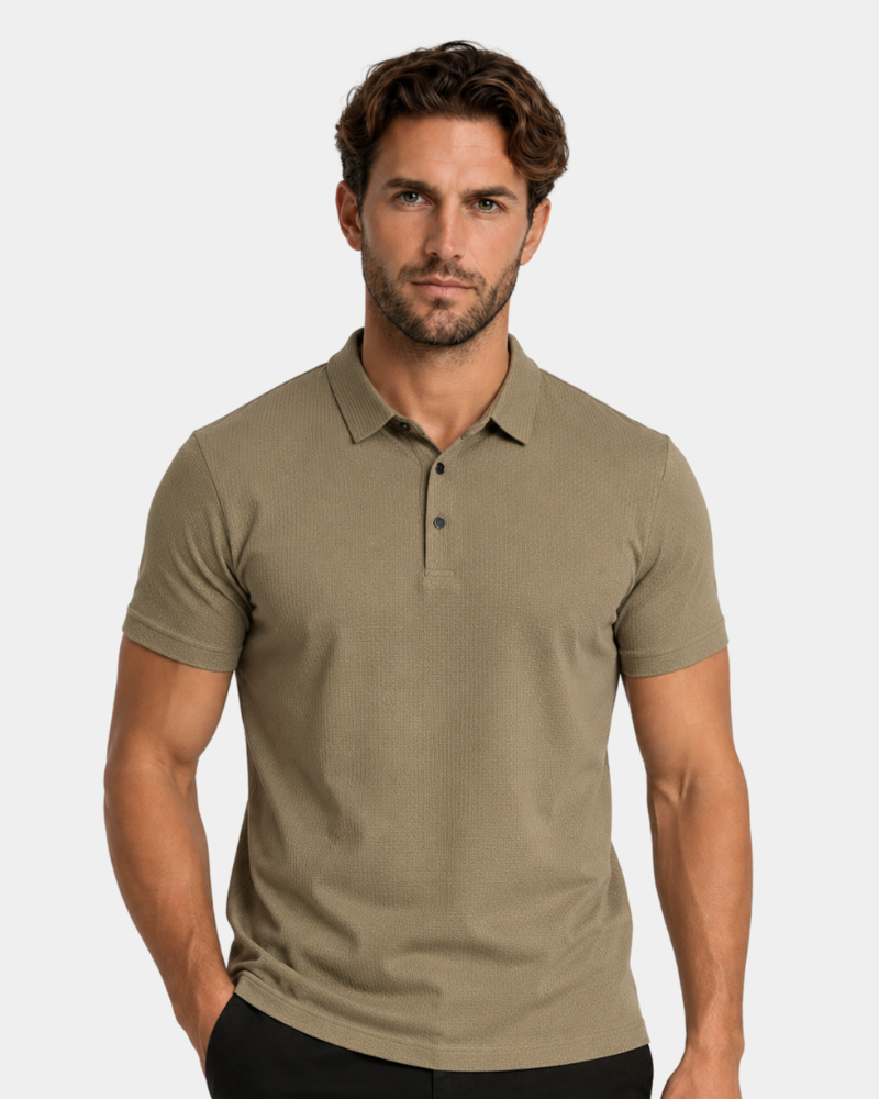 Man wearing a beige polo shirt against a plain background #Color_camel