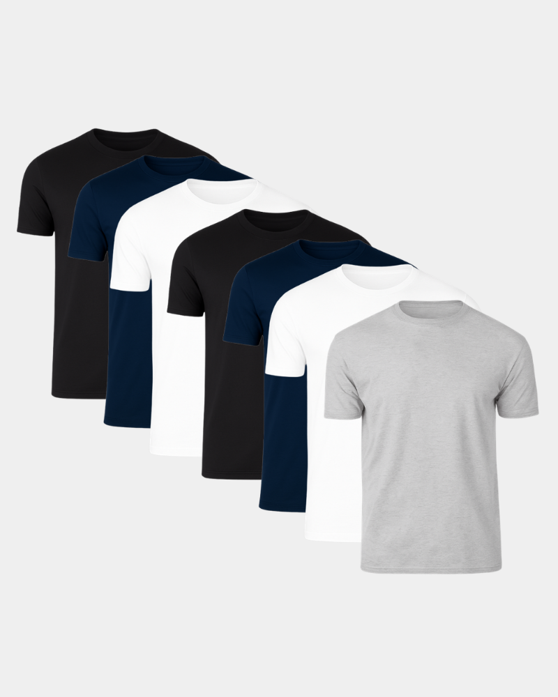 Set of By Alden black, navy, white, and gray t-shirts on a light gray background #Color_mixed favorites