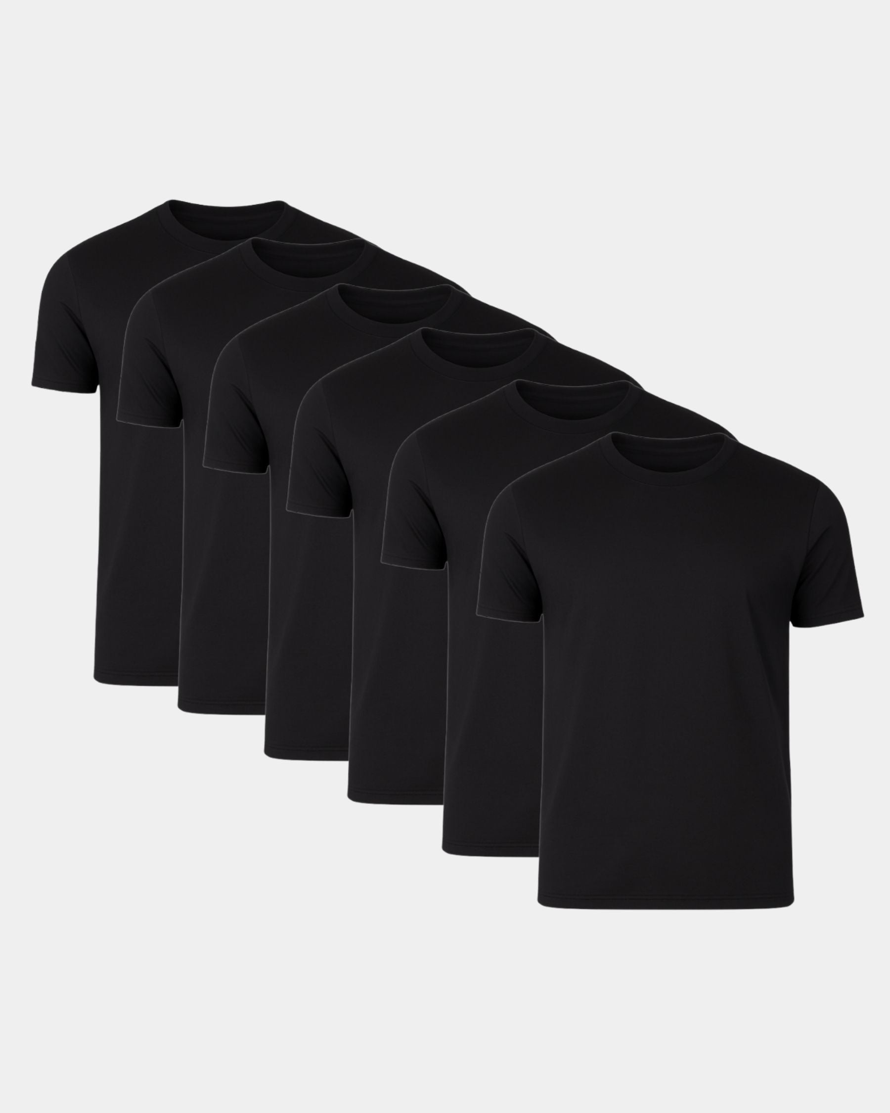 Six black short-sleeve crew-neck t-shirts arranged in a diagonal overlapping row on a light gray background.