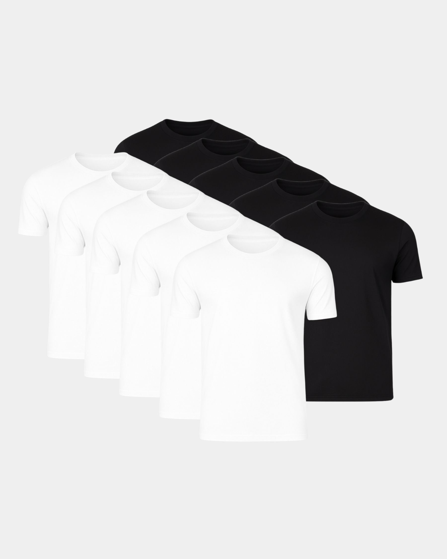 Six short-sleeve crew-neck t-shirts arranged in a fan shape on a light gray background, with four white shirts in front and two black shirts behind.