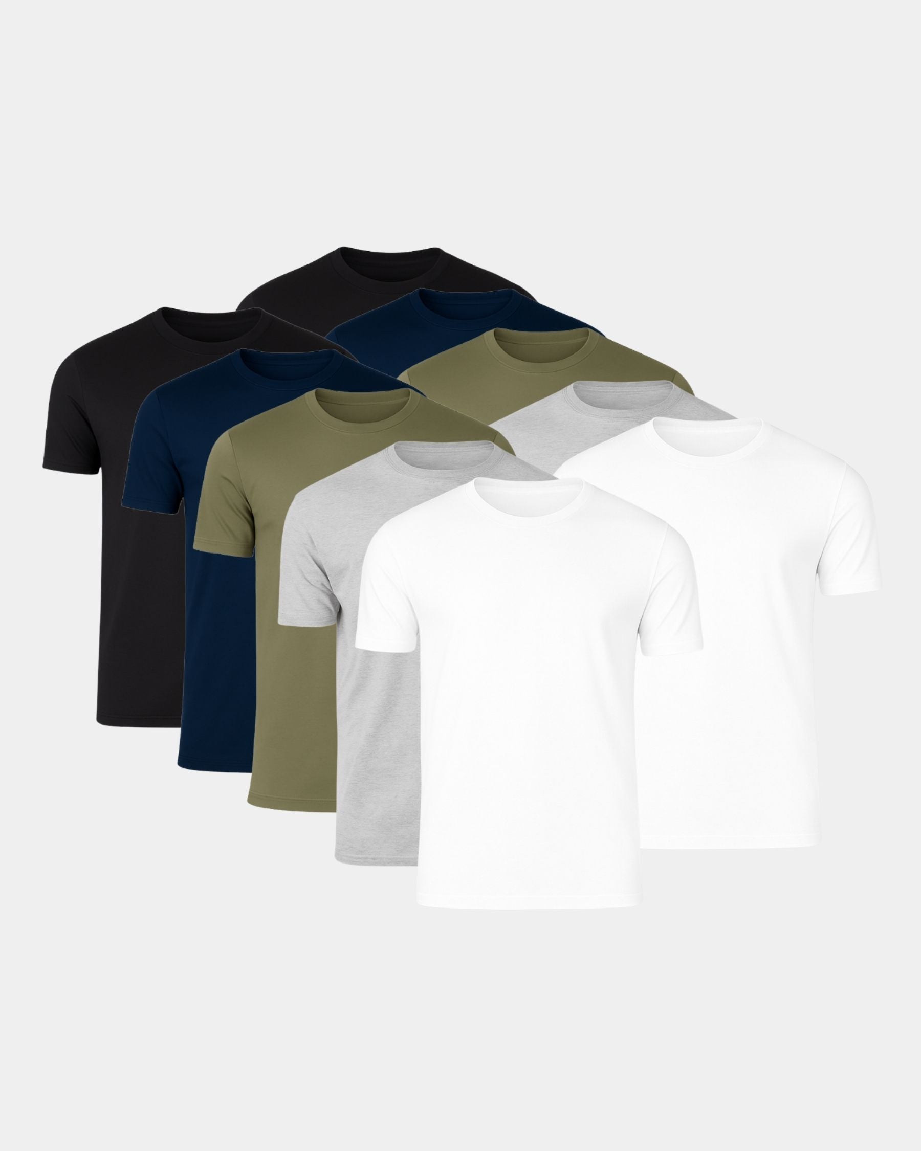 Six short-sleeve crew-neck t-shirts in different colors (black, navy, olive green, light gray, white, and light gray) arranged in a fanned-out display on a light gray background.