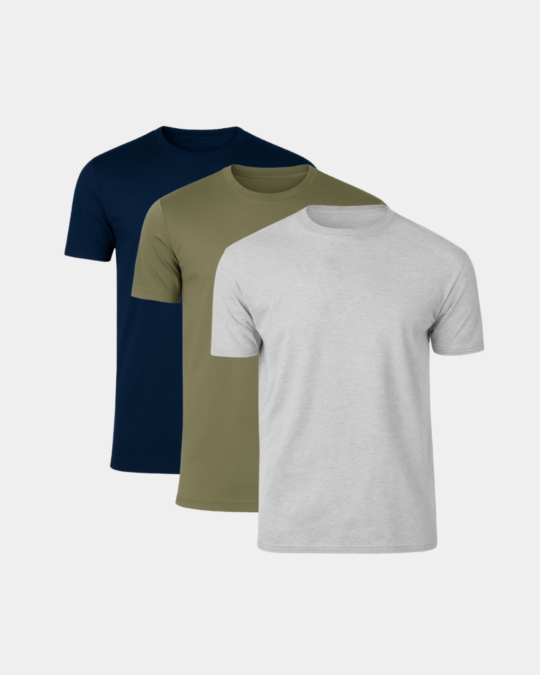 Three short-sleeve crew-neck t-shirts shown in a layered stack on a light gray background, in navy blue, olive green, and heather light gray.