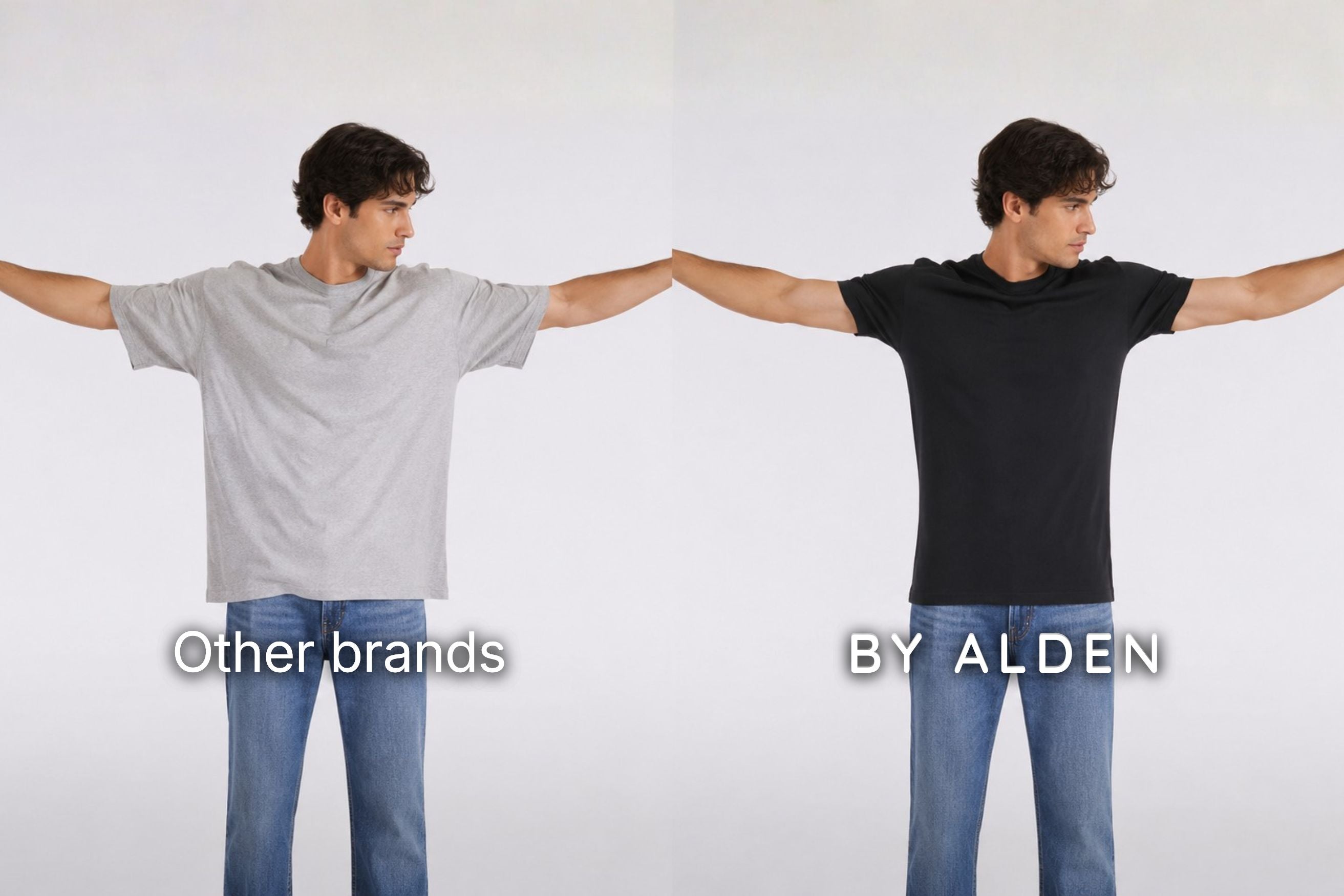 Two male models standing side by side with arms outstretched, wearing plain T-shirts and jeans against a light gray studio background. The left model wears a light gray T-shirt with the text 'Other brands' below, and the right model wears a black T-shirt with the text 'BY ALDEN' below.